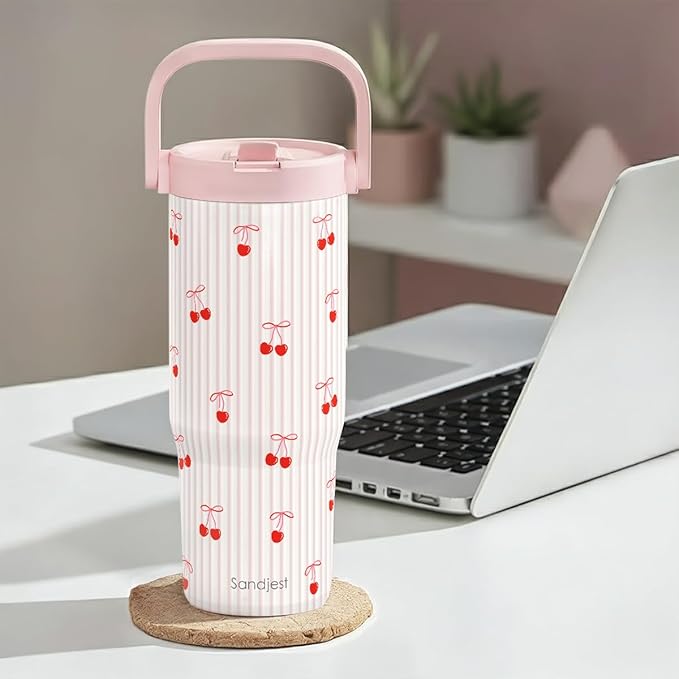 SANDJEST Cherry Stainless Steel Straw Lid Tumbler 30oz with Carry Handle for Women Girls, Aesthetic Insulated Travel Coffee Cup, Gift for Sports Workout Birthday Christmas - Bloomnest