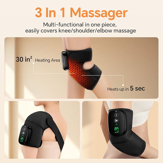 Foot Massager with Heat, Knee Shoulder Elbow 3 in 1 Feet Massager, Heated Knee Massager, Shoulder Massager with Heat Vibration, 210 mins Battery, Cordless Portable, Touchscreen Control (Black) - Bloomnest