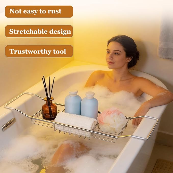 Cabilock Bathtub Tray - Stainless Steel Bathtub Caddy, Expandable Extra Wide Bath Tub Organizer, Rust-Resistant Over The Tub Shelf Rack with Non-Slip Grips for Phone Book Wine Glass, Silver - Bloomnest