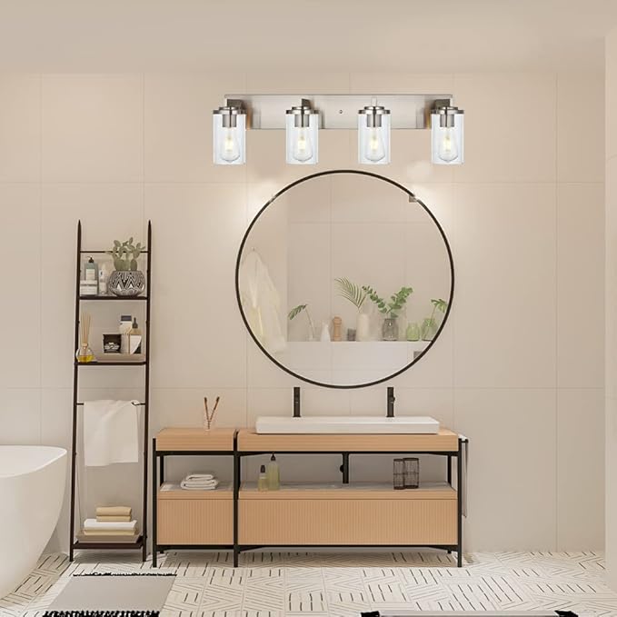 BONLICHT 4-Light Bathroom Light Fixtures Brushed Nickel Wall Sconce Lighting Modern Vanity Lights with Seeded Glass, Industrial Bathroom Farmhouse Wall Lamp for Mirror Kitchen Bedroom Living Room - Bloomnest