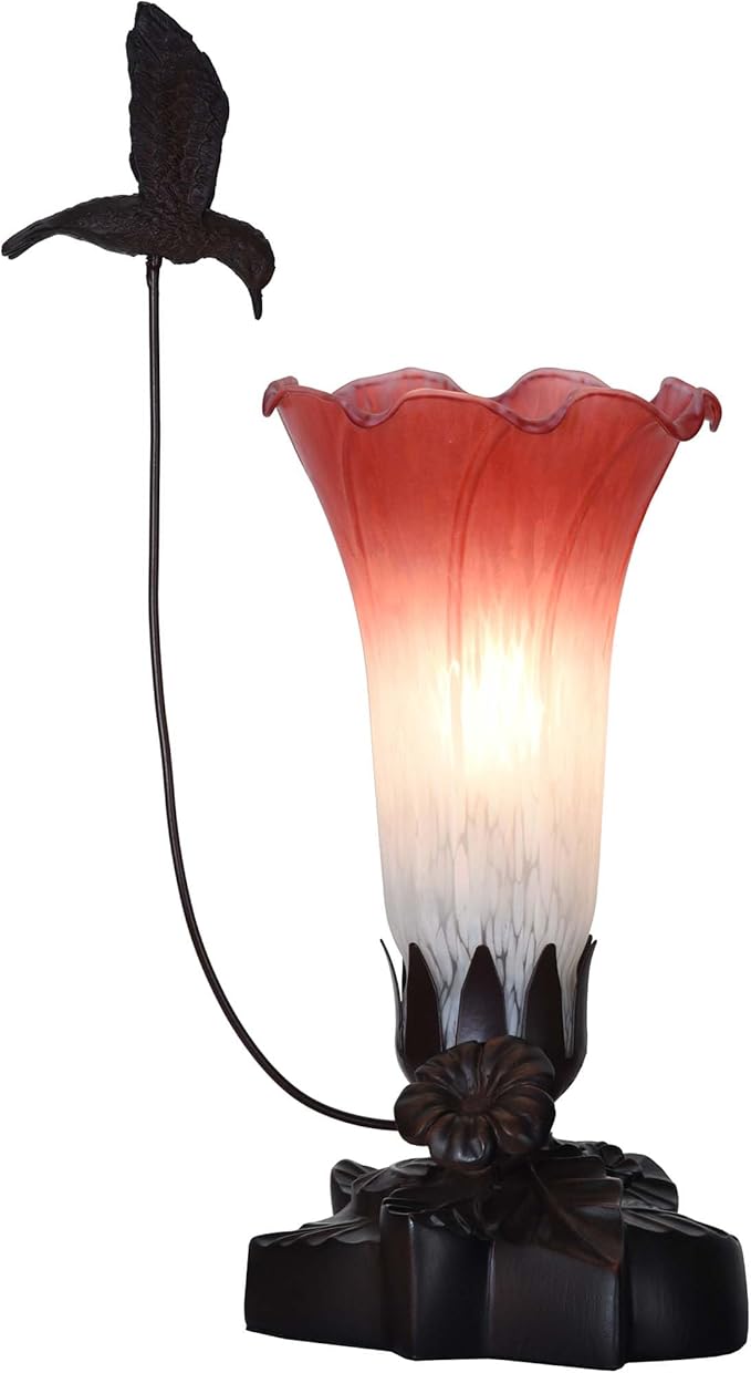 Bieye LL06 Hummingbird Flying Over Lily Flower Blown Glass Table Lamp for Home Decor (White Red, 4.25Wx12H)