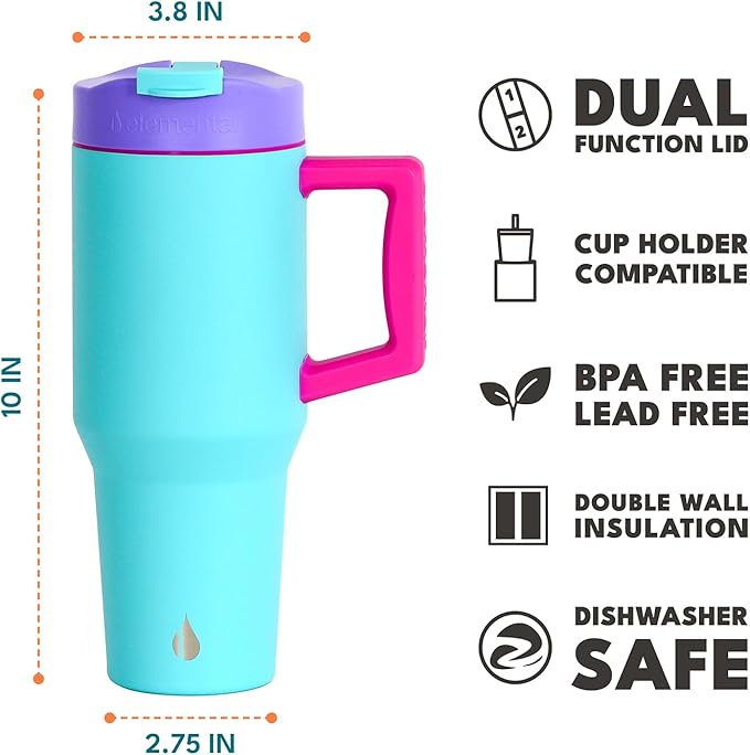 Elemental 32 oz 100% Leak Proof Tumbler with Handle & Straw - Stainless Steel Double Wall Insulated Tumbler for Hot and Cold Beverages - Travel Coffee Mug with Sip & Straw Lid - Blue Tie Dye - Bloomnest
