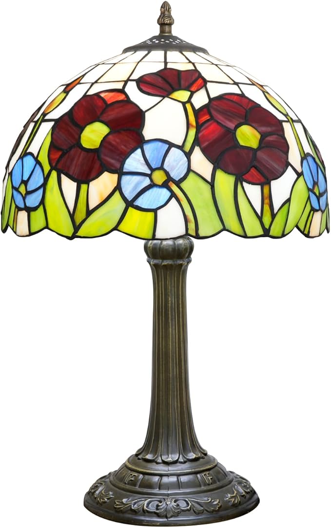 Tiffany Lamp Red Poppy Flowers Stained Glass Table Lamp Vintage Bedroom Desk Light for Home Dorm Office Art Craft Antique Decor Accent Aesthetic Nightstand Reading Light - Bloomnest