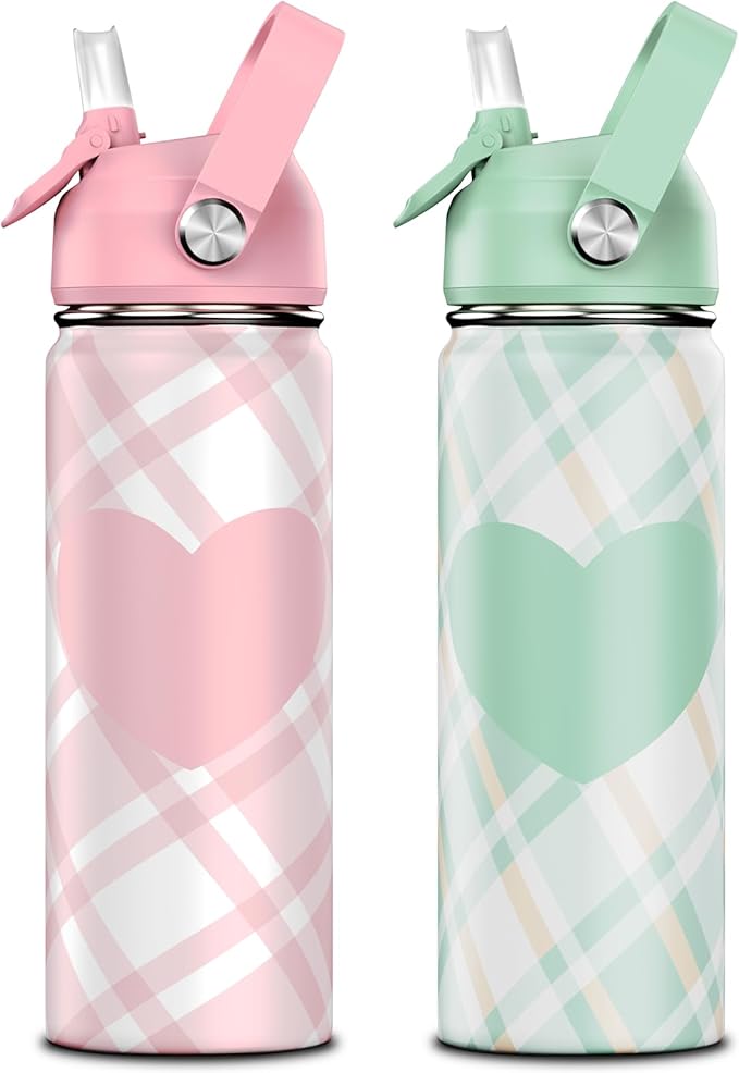 18oz Kids Insulated Water Bottle with Straw Lid - 18/8 Stainless Steel Kid Cup Travel Tumbler Double Wall Vacuum Leak Proof Portable Toddler Water Bottle (Plaid Pink+Green） - Bloomnest