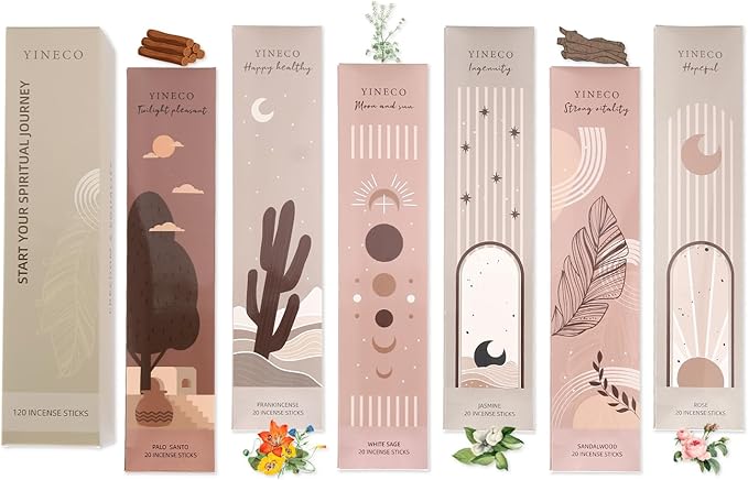 Incense Sticks Set of 120-6 Scents (White Sage, Sandalwood, Jasmine, Lavender, Dragon's Blood & Yoga) for Positive Aura, Relaxation & Meditation, Boho Gift Set, Magic Hour YINECO
