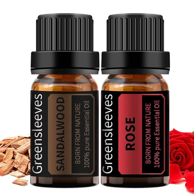 GREENSLEEVES Rose Sandalwood Essential Oil Set, 2 x 10ml Pure Plant-Based Fragrance Oil for Aromatherapy, Essential Oils for Diffuser, Massage, Bath Bomb, Scented Candle Soap Making GREENSLEEVES