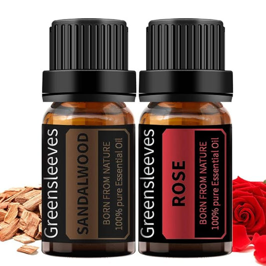 GREENSLEEVES Rose Sandalwood Essential Oil Set, 2 x 10ml Pure Plant-Based Fragrance Oil for Aromatherapy, Essential Oils for Diffuser, Massage, Bath Bomb, Scented Candle Soap Making GREENSLEEVES