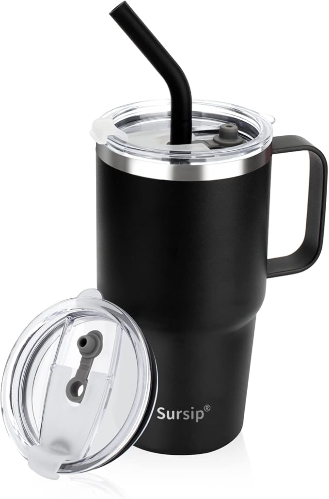 Sursip 24 oz Insulated Cup with Handle, Double Wall Vacuum Stainless Steel Tumbler with Straw and 2 Lids, For Cold/Hot Drinks, Coffee Travel Mug for Car/Home/Office/Party/Camping (Black-1 Pack) - Bloomnest
