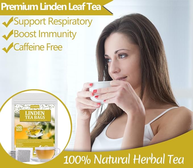 Premium 100 Linden Tea Bags, Made with 100% Natural Linden Tilo Leaves & Flowers, Support Respiratory & Boost Immune System, Caffeine Free. - Bloomnest