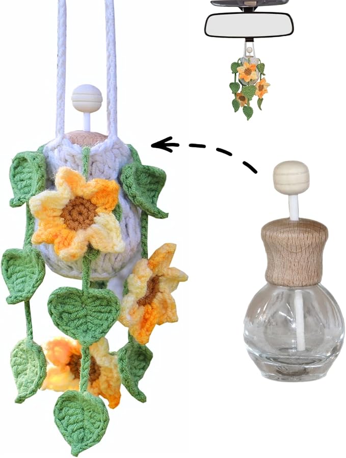 Handmade Crochet Hanging Car Air Freshener - Sunny Sunflower Design, 12ml Refillable Thick Glass Bottle, Car Diffuser for Rearview Mirror, Home & Office Cheerful Decor - Bloomnest