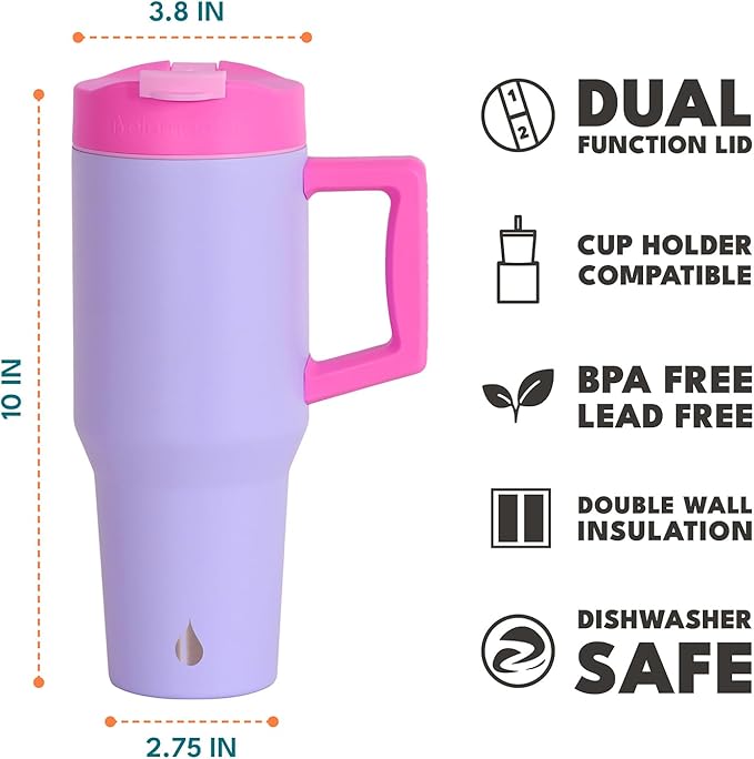 Elemental 32 oz 100% Leak Proof Tumbler with Handle & Straw - Stainless Steel Double Wall Insulated Tumbler for Hot and Cold Beverages - Travel Coffee Mug with Sip & Straw Lid - Lilac Tie Dye - Bloomnest
