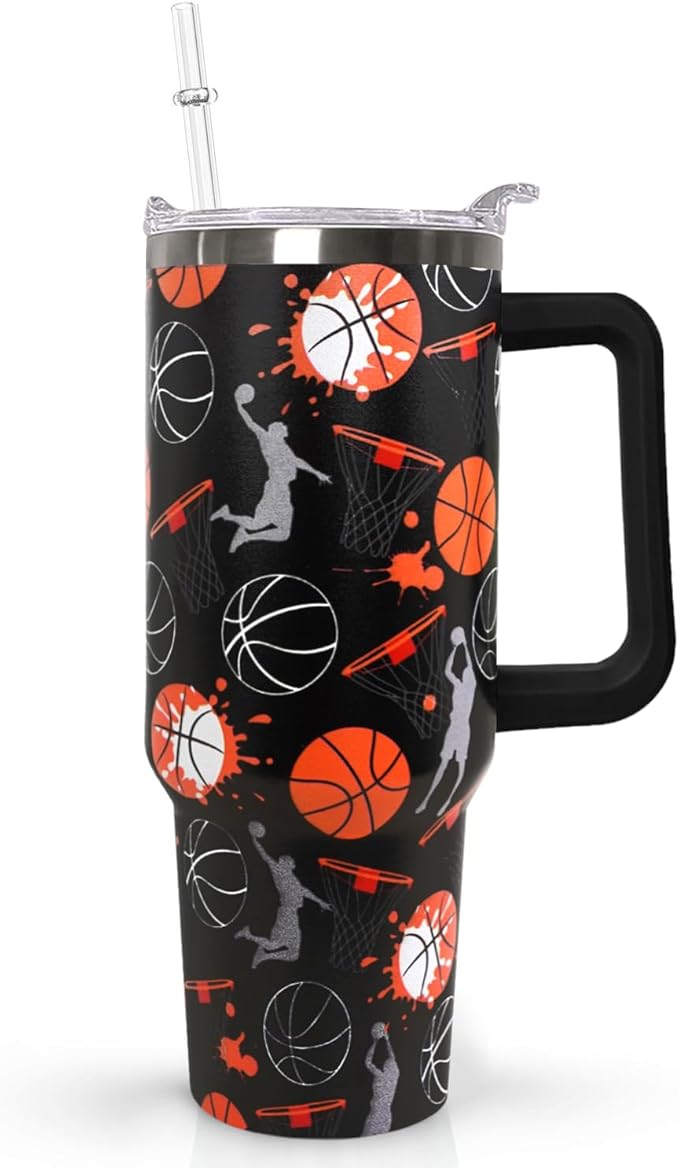 Ceovfoi 40 oz Basketball Coffee Mug Cup Vacuum Insulated Travel Tumbler with Handle Lid and Straw,Basketball Coach Gifts,Accessories Stuff - Bloomnest