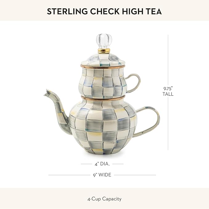 MACKENZIE-CHILDS Enamel High-Tea Teapot, Cup, and Lid, Cute Teapot and Teacup Combo, Gray-and-White Sterling Check - Bloomnest