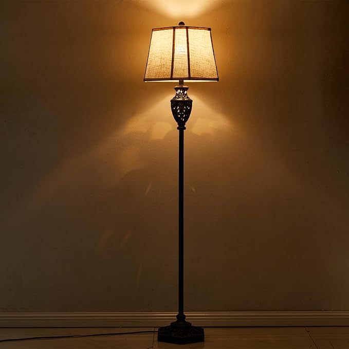 Luvkczc Vintage Black Floor Lamp - Hand-Painted Gold Resin with 6-Sided Carved Hollow Nightlight, Traditional Standing Lamp for Living Room, Bedroom, Study (Bulb Included) - Bloomnest