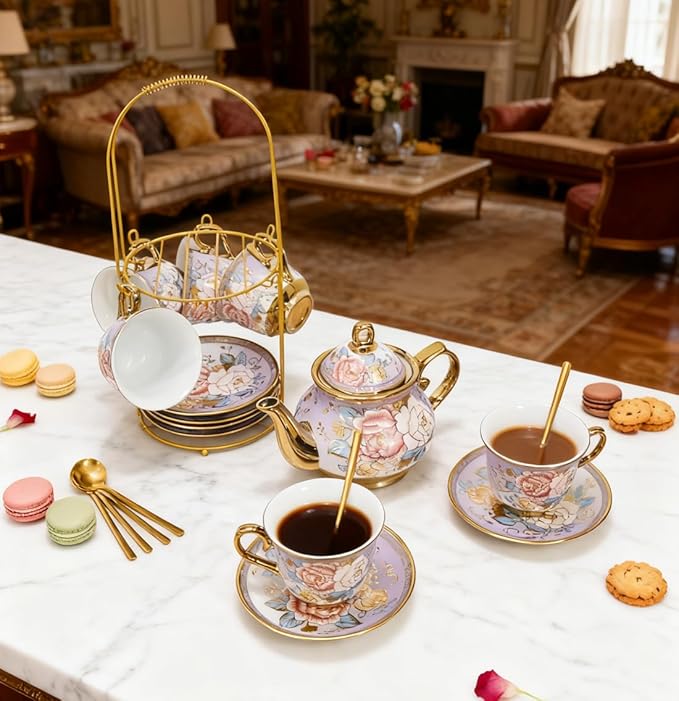 CHANJOON Gold Plated Red Rose Ceramic Tea Set, Vintage Tea Sets with Teapot, Beautiful Tea Set Coffee Serving 6 People (Purple, X Large) - Bloomnest