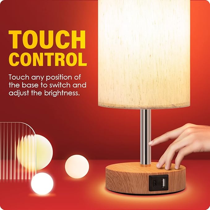 Yarra-Decor Bedside Lamp with USB A+C Port - Touch Control Table Lamp for Bedroom Wood 3 Way Dimmable Nightstand Lamp with Round Flaxen Fabric Shade for Home Office (LED Bulb Included) - Bloomnest
