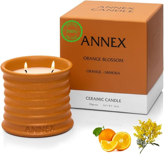 Scented Luxury Candles in Handmade Ceramic Jars, Soy Wax | Orange Blossom – Orange & Mimosa, Large Candle | Non Toxic, 2 Wicks, Reusable Big Orange Jar | Natural Spring Aromatherapy for Women & Men - Bloomnest