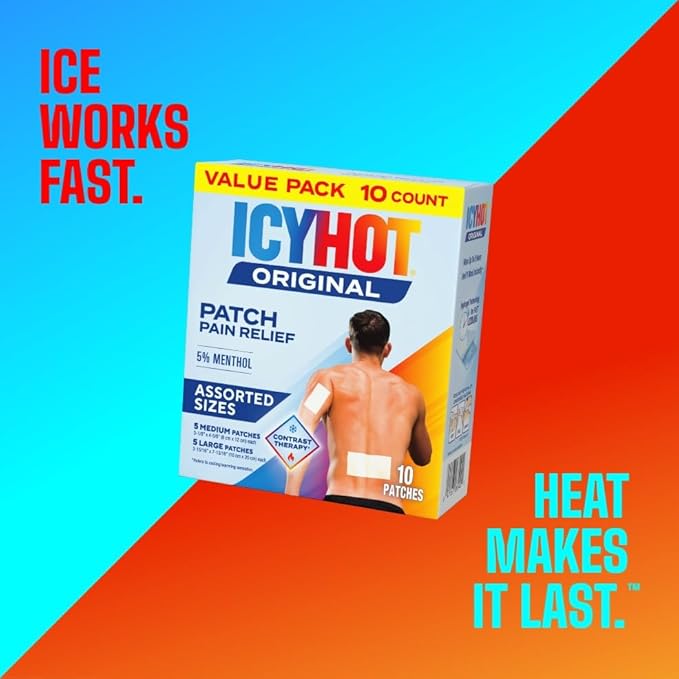 Icy Hot Original Pain Relief Patch Variety Pack with 5% Cooling Menthol for Fast-Acting Muscle and Joint Pain Relief, 5 Medium and 5 Large Comfortable Fabric Patches, 10 Ct., 2 pk - Bloomnest