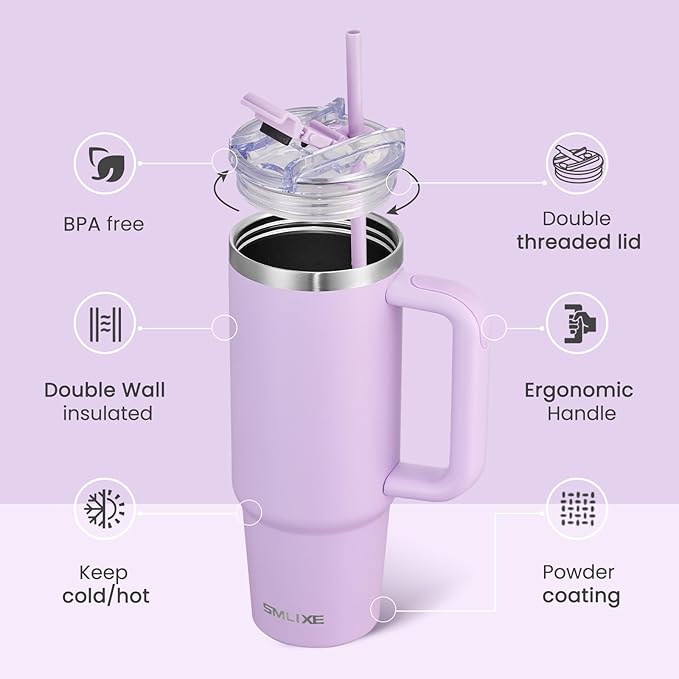 30 oz Tumbler with Handle, Tumbler with Lid and Straw, Double Wall Vacuum Insulated Travel Mug Stainless Steel Tumbler for Hot and Cold, Cupholder Friendly (Purple) - Bloomnest