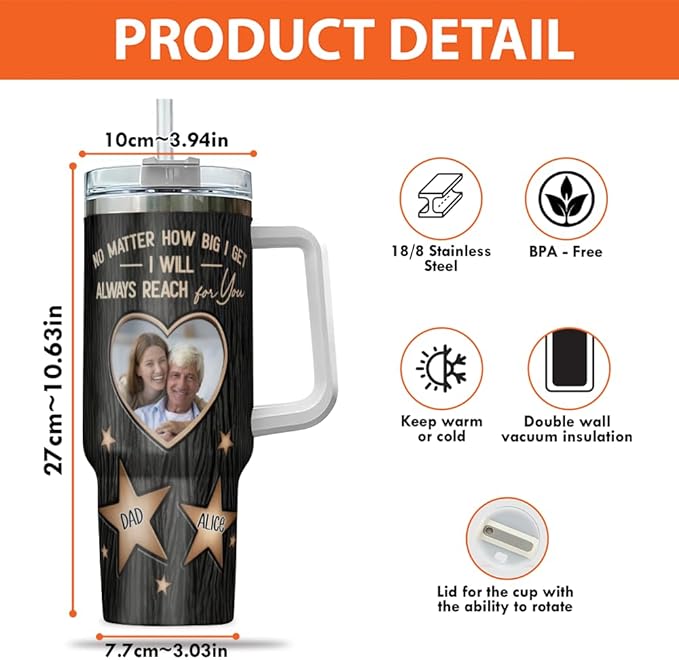 Personalized Dad Tumbler with Photo and Names, Custom Star Design Gift from Daughter, Father’s Day Mug with Handle and Straw, Always Reach for You Theme - Bloomnest