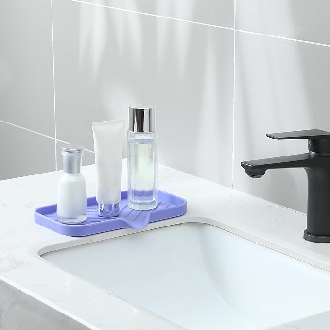 Silicone Bathroom Soap Dishes with Drain Spout-Bathroom and Kitchen Sink Organizer,Sponge Holder,Dish Soap Tray,Perfect for Dispenser,Scrubber,Bottle on Sink or Counter-Light Purple 9.6"×5.3" - Bloomnest