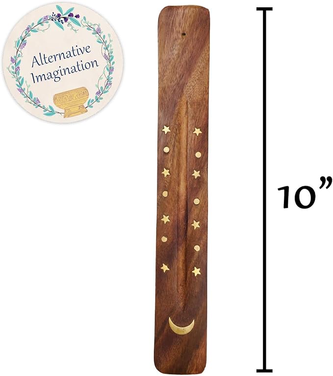Moon and Stars Incense Holder - Wooden Ash Catcher with Celestial Design for Single Incense Sticks - Meditation Accessories, Spiritual Decor, Home Fragrance, Room Decor (10 Inches Long) - Bloomnest