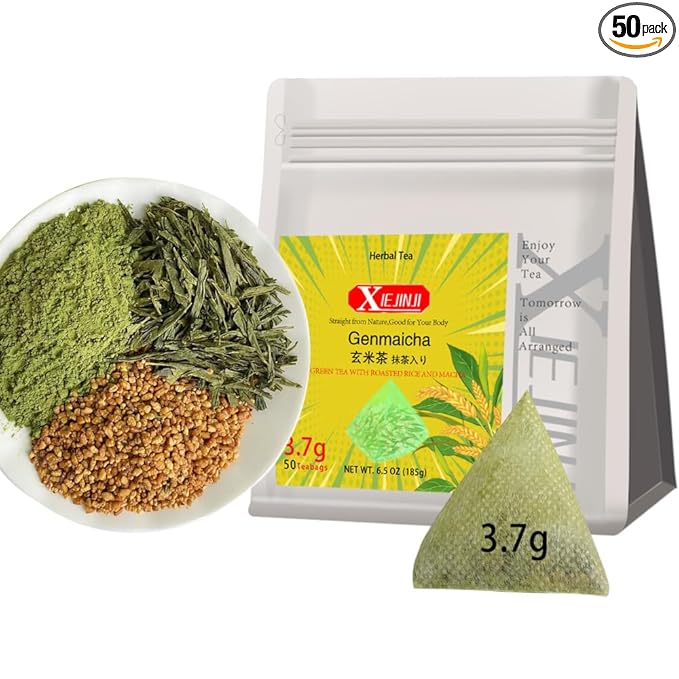 XIEJINJI Genmaicha, Green Tea with Matcha - 3.7g x 50 Count, Japanese-style Roasted Brown Rice Tea, Low Caffeine, Eco-Conscious Tea Bags - Bloomnest