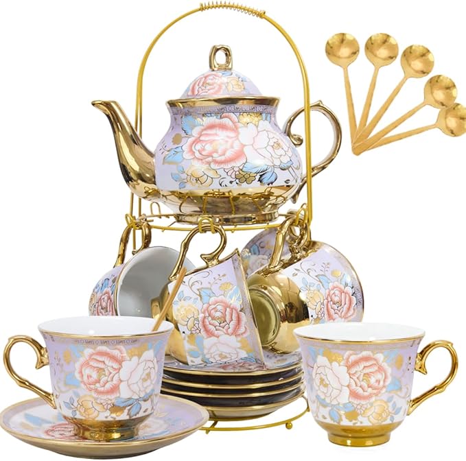 CHANJOON Gold Plated Red Rose Ceramic Tea Set, Vintage Tea Sets with Teapot, Beautiful Tea Set Coffee Serving 6 People (Purple, X Large) - Bloomnest