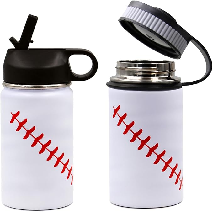12 oz Baseball Water Bottle, Sports Flask Metal Travel Tumbler with 2 Lids, Stainless Steel Double Wall Vacuum Insulated Leak Proof Thermo Water Bottles, Baseball Accessories Gifts for Mom Boys Girls - Bloomnest