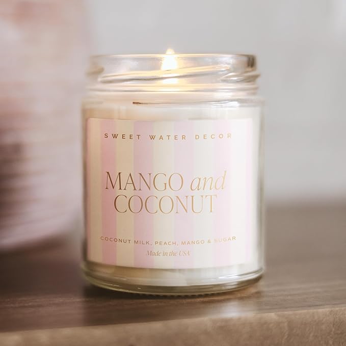 Sweet Water Decor Mango and Coconut Patterned Candle – Soy Candles with Pineapple, Mango, Orange, Peach – 40 Hour Burn – 9oz Clear Glass Jar – Ideal for Valentines Presents or Any Special Occasion - Bloomnest