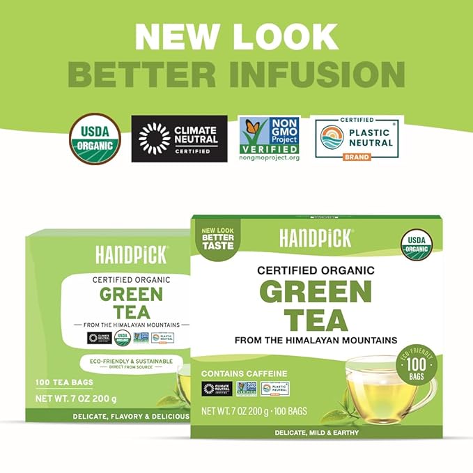 HANDPICK, Organic Green Tea Bags - 100 Eco-Friendly Tea Bags | USDA Organic | Resealable Pack for Freshness | Delicate & Flavory | Direct From India - Bloomnest