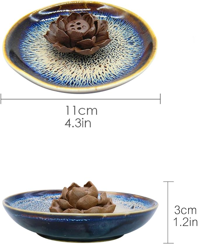 TrendBox Ceramic Handmade Artistic Incense Holder Burner Stick Coil Lotus Ash Catcher Buddhist Water Lily Plate - Three Holes Transmutation Glaze - Bloomnest