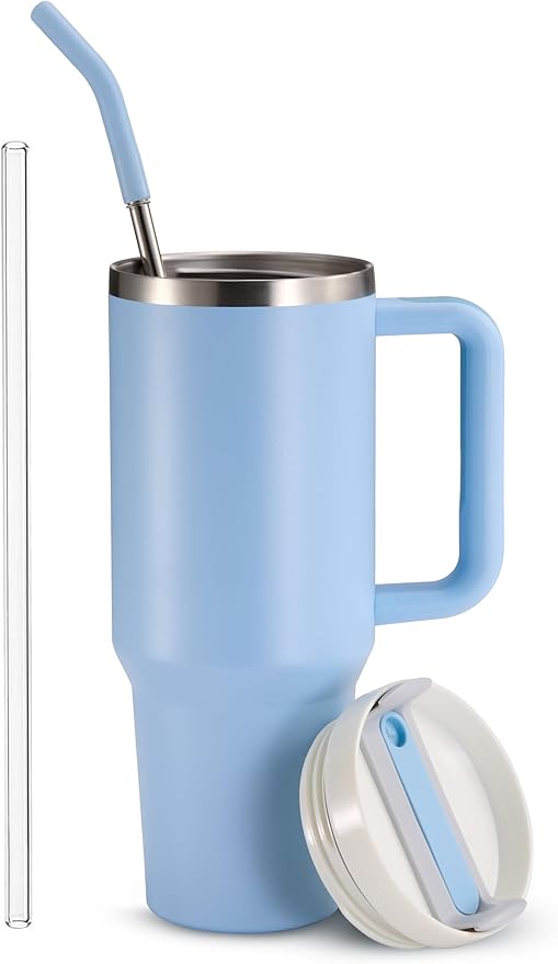 KooK Stainless Steel Tumbler, with Straw and Handle, Leakproof, Vacuum Insulated Travel Coffee Mug, Reusable Double Walled Water Bottle, Keeps Hot or Cold, 40 oz, Sky Blue - Bloomnest