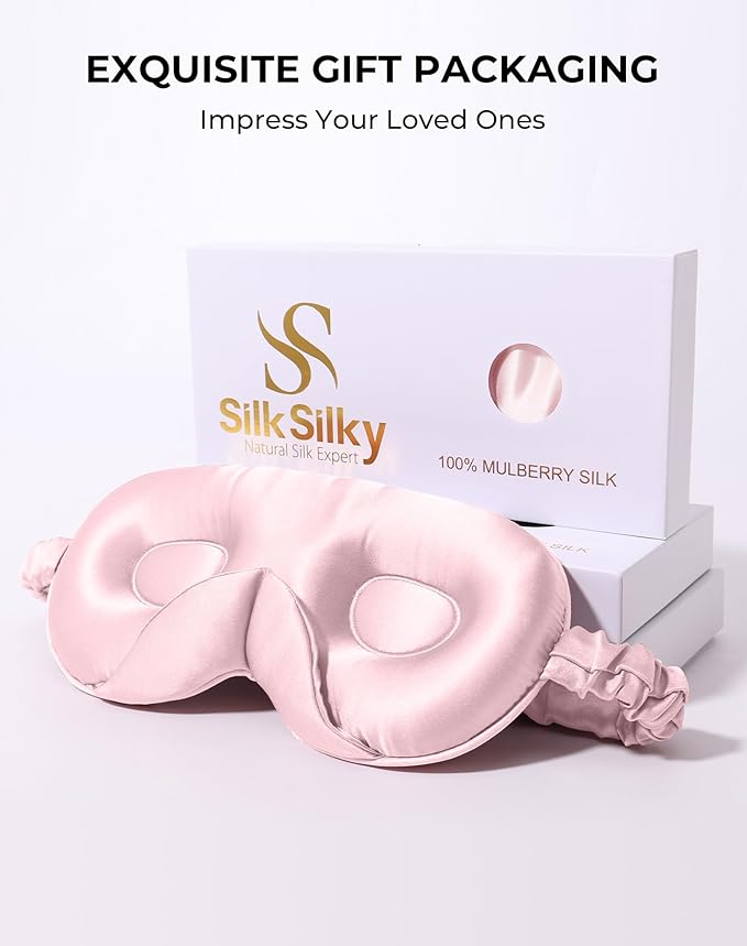 SilkSilky 100% 22 Momme Mulberry Silk Sleep Mask – Upgraded 3D Contoured Eye Mask with Nose Wing Pads & Adjustable Strap, Luxury Blackout Eye Cover for Women & Men (Pink) - Bloomnest