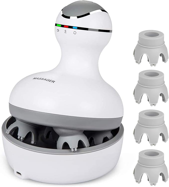 cotsoco Electric Scalp Head & Back Massager, Cordless Hair Massage Waterproof Head Massager with 4 Heads 84 Nodes for Hair Growth, Stress Relief & Deep Clean, Gifts for Men Women, White cotsoco
