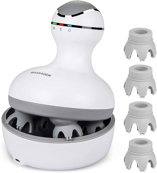 cotsoco Electric Scalp Head & Back Massager, Cordless Hair Massage Waterproof Head Massager with 4 Heads 84 Nodes for Hair Growth, Stress Relief & Deep Clean, Gifts for Men Women, White cotsoco