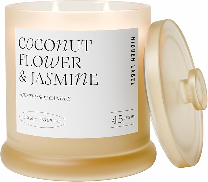 Hidden Label Coconut Flower & Jasmine Scented Candle | 2 Wick Large Candles for Home Scented 13oz 75Hour Long Lasting Slow Burning | Aromatherapy Candle for Home Decor, Stress Relief & Relaxation - Bloomnest