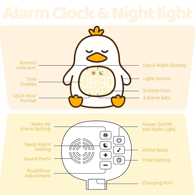 Sleepy Duck Alarm Clock with Night Light for Kids with Sleep Training and Sound Machine, Rechargeable Silicone Lamp OK to Wake Clock，Cute Animal Tabletop Lamp, Perfect Sleep Companion for Boys Girls - Bloomnest