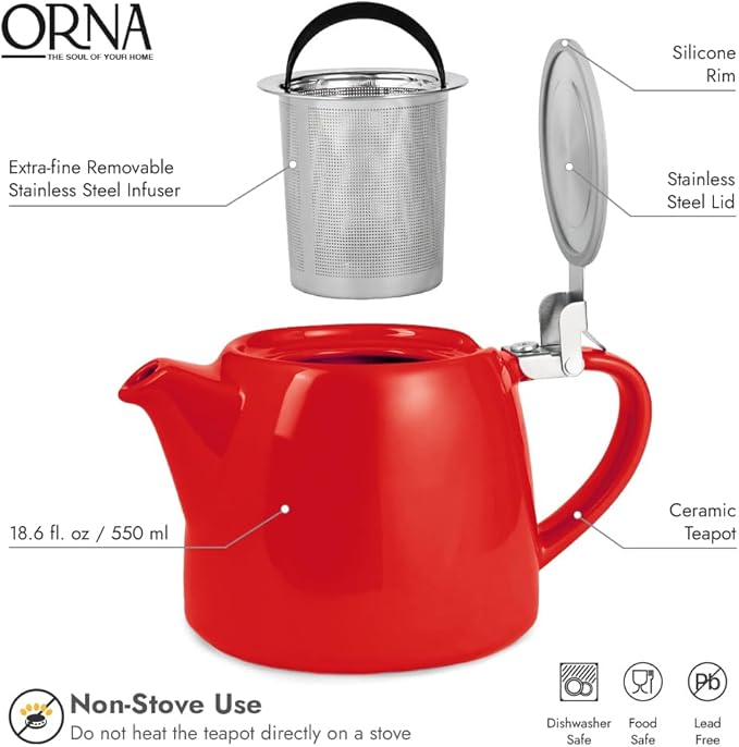 ORNA Ceramic Teapot with Tea Infuser – Small Tea Pot for Loose Leaf Tea – 550ml / 18.6 Oz Non-Stove Porcelain Teapot for 2 Cups with Tea Strainer (Red) - Bloomnest