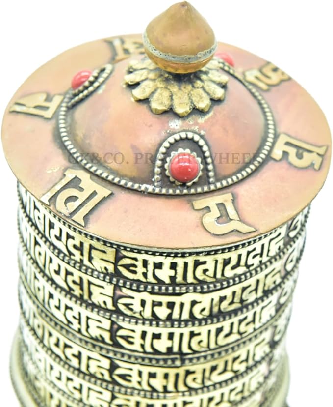 8 Inch Table Top Copper Brass Tibetan Buddhist 6 Line Matra Om mani padme hum Symbols Prayer Wheel