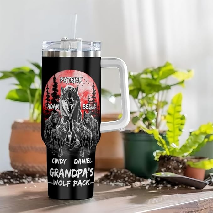 Custom Grandpa’s Wolf Pack Tumbler – Personalized Gift With Wolf Family and Grandkids’ Names – Red Moon Forest Design – Birthday or Father’s Day Mug - Bloomnest