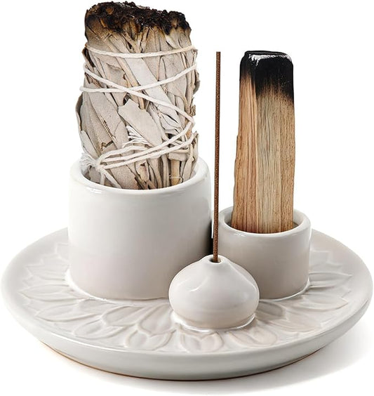4 in 1 Ceramic Incense Holder, Palo Santo Stick Holder, Sage Holder for Burning, 5.2" Ash Catcher Tray for Meditation, Yoga & Home Decor (White)