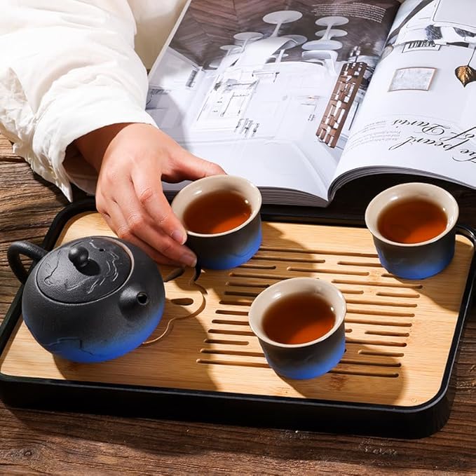 LURRIER Gongfu tea sets, Portable Ceramic TeaSet, Asian Tea sets for adult, Tea Gift sets, Grey leather case, Portable Travel Bag,Home,Gifting,Outdoor and Office(XBlack and Blue) - Bloomnest