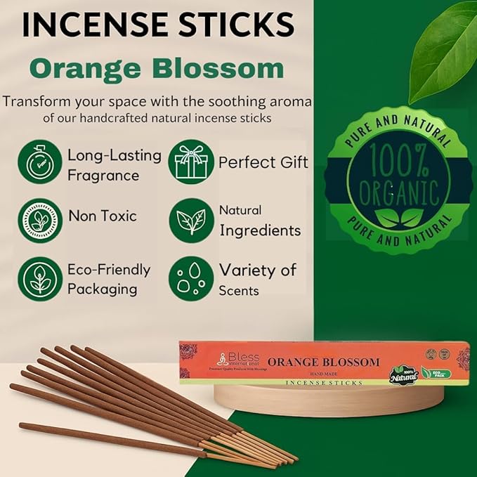 Bless-Orange-Blossom 100%-Natural-Handmade-Hand-Dipped-Incense-Sticks Organic-Chemicals-Charcoal-Free Purification-Relaxation-Positivity-Yoga-Meditation Best-Woods-Scent (25 Sticks (1.4 OZ))