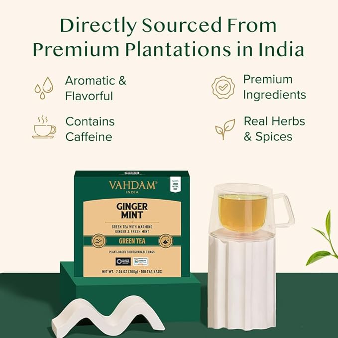 VAHDAM, Ginger Mint Green Tea Bags (100 Count) High Grown Green Tea with Raw Ginger | Medium Caffeine | Non GMO, Gluten Free | Mint Tea Bags | Resealable Ziplock Pouch - Bloomnest