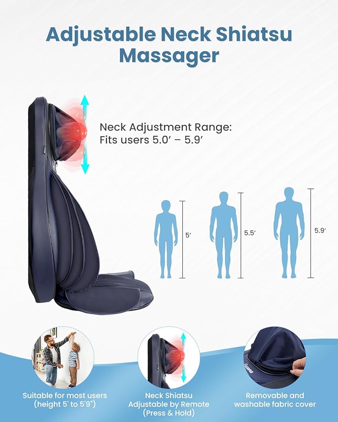 COMFIER Shiatsu Neck Back Massager with Heat for Pain Relief Deep Tissue, Adjustable-Height Neck Massage Rollers, Massage Chair Pad Tapping Compression Seat Massager Full Body, Gifts for Men Women - Bloomnest