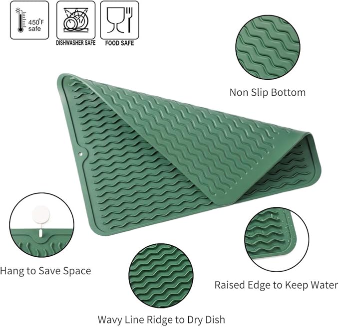 Silicone Dish Drying Mat for Multiple Usage,Easy clean,Eco-friendly,Heat-resistant Silicone Mat for Kitchen Counter or Sink,Refrigerator or drawer liner Green L 16 inches x 12 inches - Bloomnest