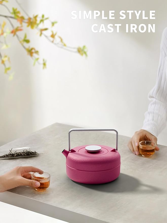 Toptier Teapot with Removable Infuser, Cast Iron Tea Kettle Stovetop Safe, Solid Geometry Cylinder Design Tea Pot Coated with Enameled Interior for 27 Ounce (800 ml), Rose Red - Bloomnest