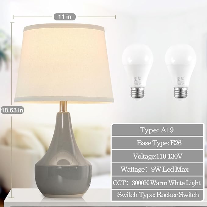 GyroVu Table Lamp Set of 2, 18.63” Ceramic Table Lamp Classic Beside Lamps Nightstand Lamp Modern Lamp for Living Room, Bedroom & Office Rocker Swtich Grey-LED Bulbs Included - Bloomnest