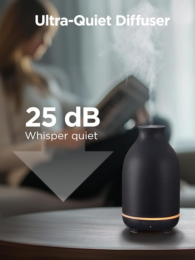 InnoGear Essential Oil Diffuser, 150ml Ceramic Stone Diffuser Handcrafted Aromatherapy Diffusers Ultrasonic Cool Mist Humidifier Vaporizor with 2 Mist Modes Waterless Auto Off for Room Office, Black - Bloomnest